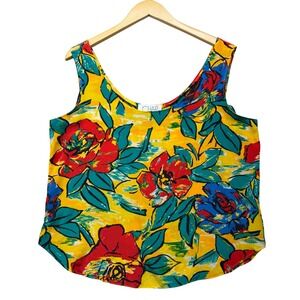 CHAR Women Yellow Floral Silk Tank Top Sleeveless Scoop Neck Blouse Large Floral